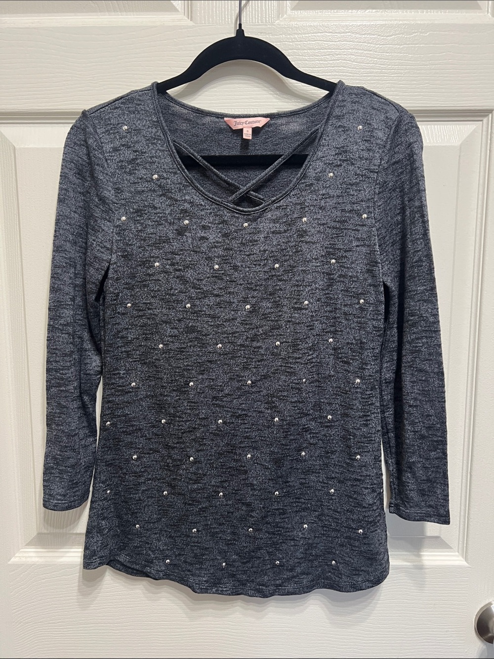 Juicy Couture Charcoal Gray Pearl-Studded Long Sleeve Tee